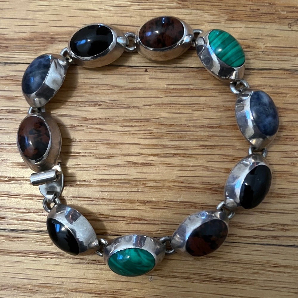Gorgeous Vintage Taxco Multi-Stone Cabochon and Sterling Linked Bracelet